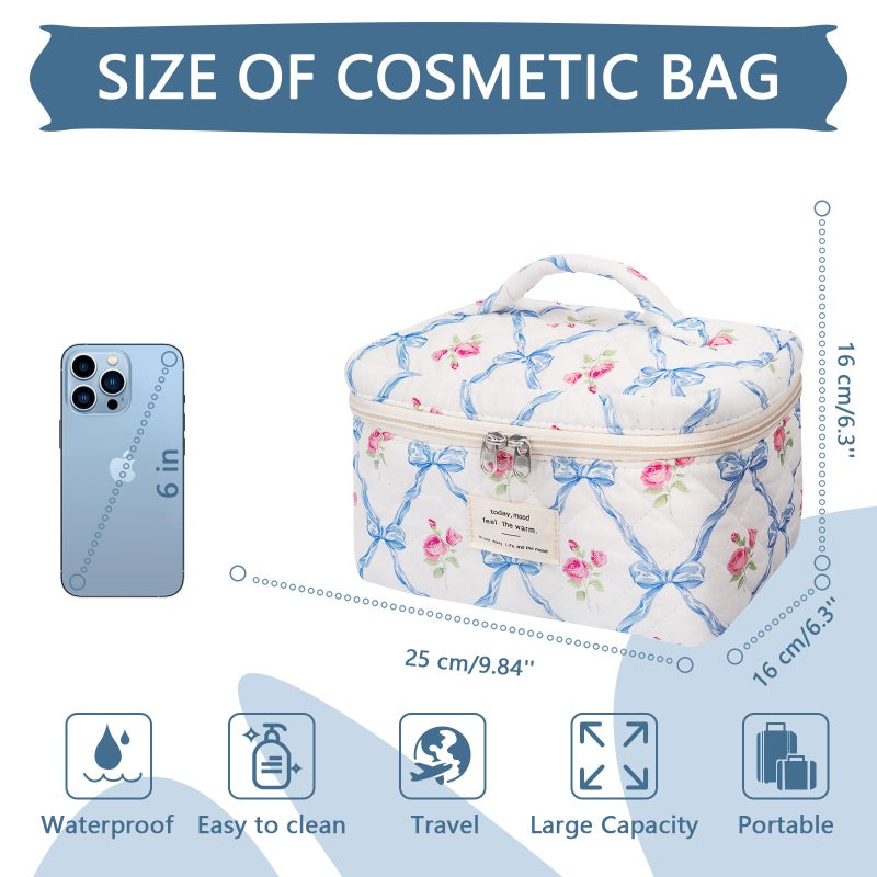 Gosect Large Makeup Bag  Cute Cosmetic Bag for Women Girls  Floral Coquette Aesthetic Toiletry Bag  Travel Make Up Organizer Bag (Blue Butterfly) - Image 2